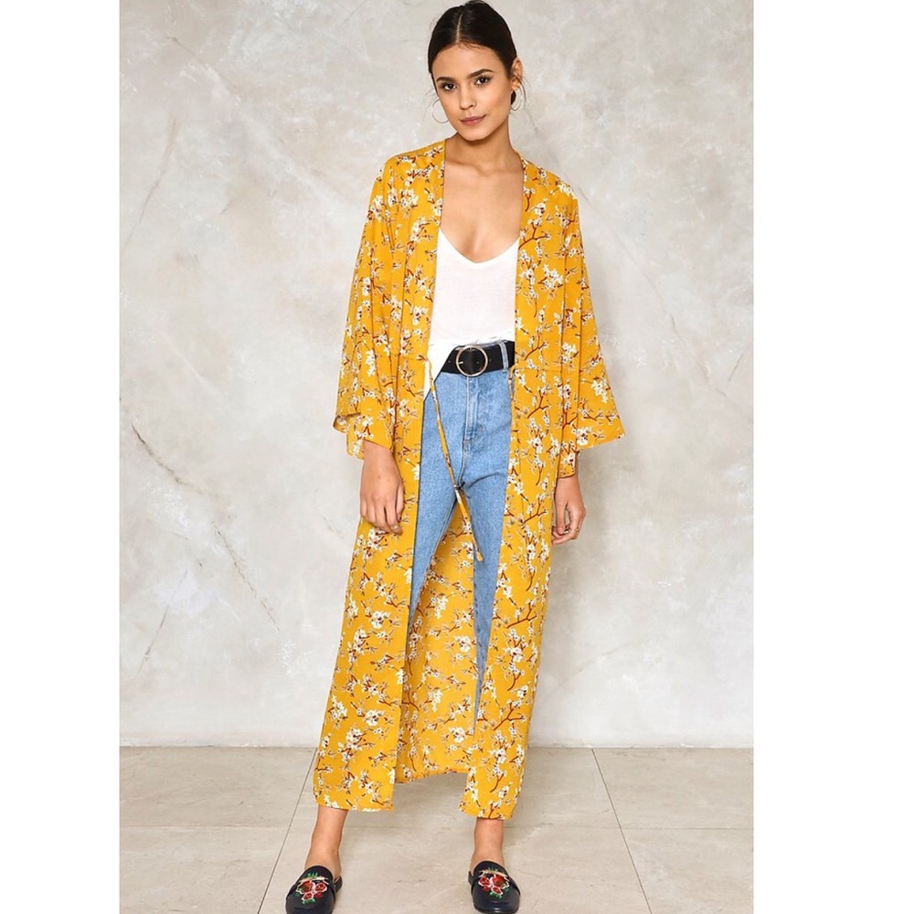 Long Yellow Floral Kimono Cardigan Duster Large